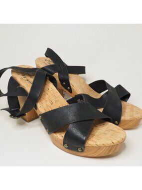 Kork-Ease Black Leather Strappy Wooden Platform Heels, Size 10 | 40